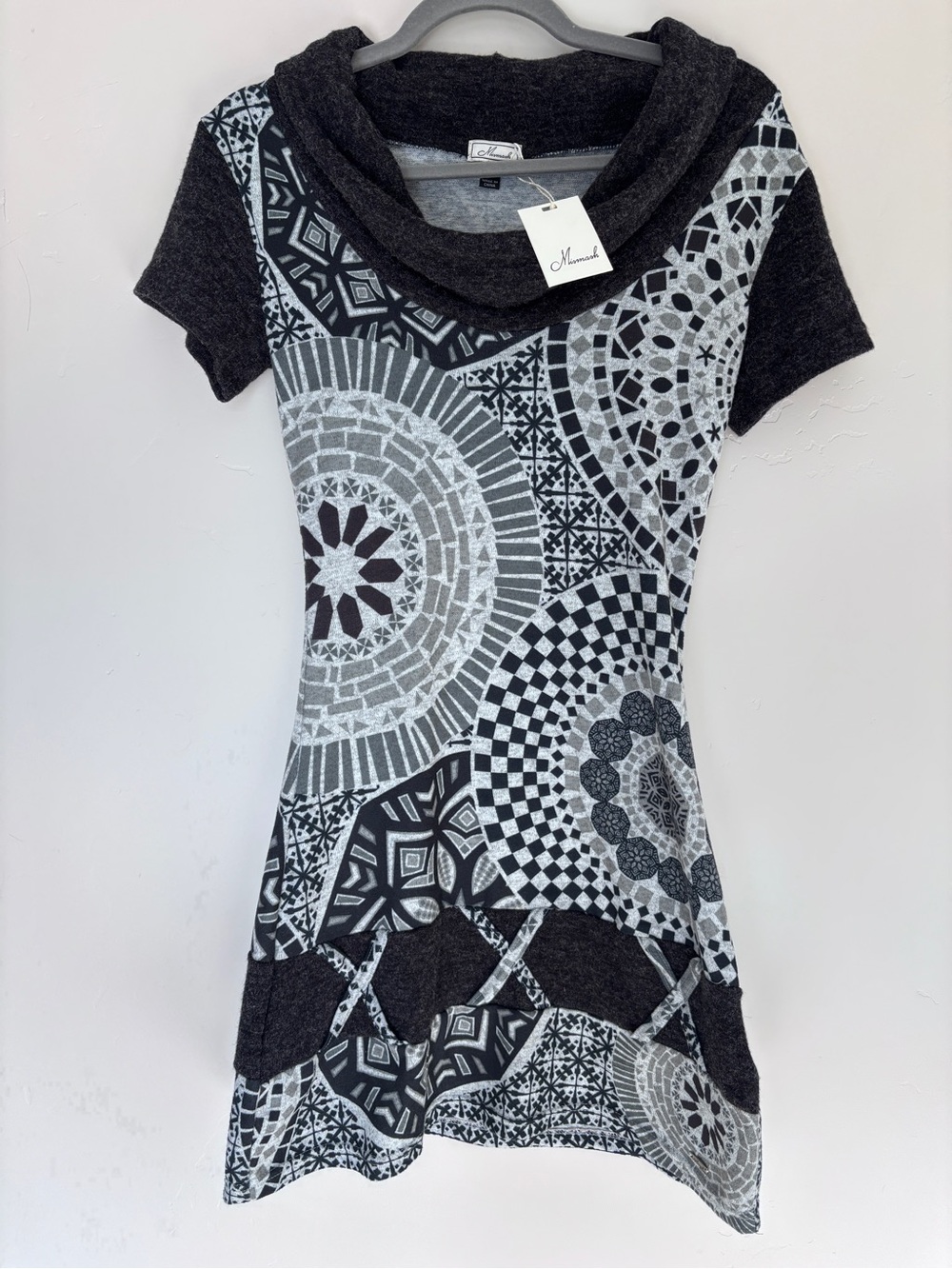 Mismash Gray & Black Short-Sleeve Cowl Neck Tunic with Mosaic Print